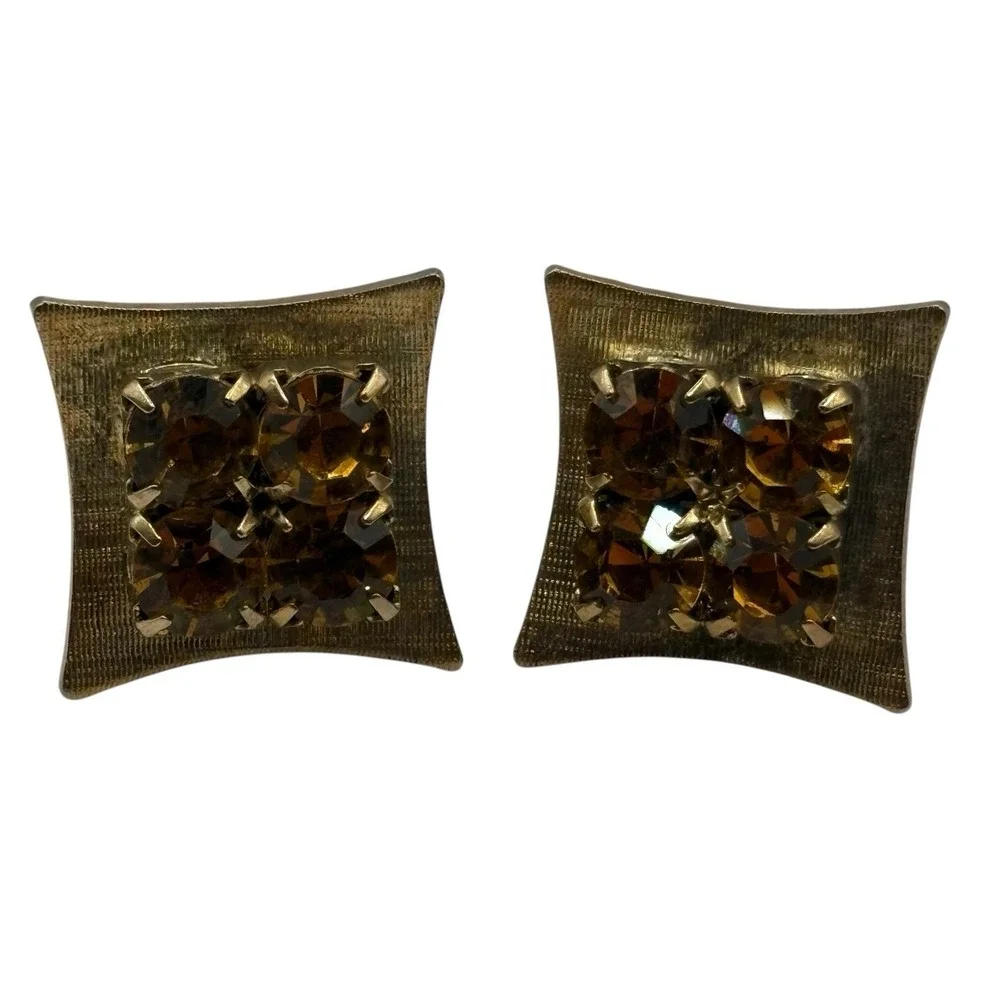 Yellow Rhinestone Cufflinks‎ Square MCM Vintage Gold Tone Men's Formal Prong Set